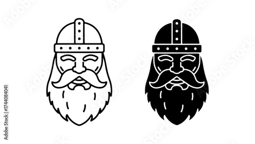 Minimalist Viking Dwarf Head Icons: Outline and Solid Styles