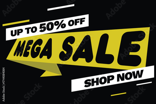 Mega Sale up to 50% - typically means that the person or entity that has temporarily left will return in a short amount of time, text concept message bubble
