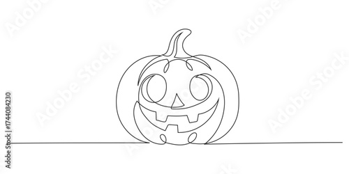 Single line drawing of Halloween pumpkin on white background