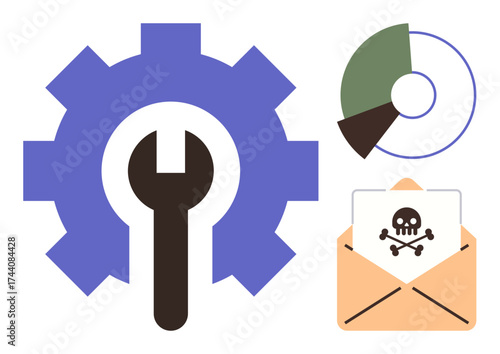 Gear with wrench, pie chart, and email with a danger icon for cyber protection, system maintenance, data analysis. Ideal for tech security, IT repair, digital threat, hacking malware analytics