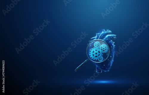 3d blue human heart under magnifying glass with gears inside. Cardiovascular analysis, medical diagnostics, healthcare optimization, biomedical engineering concept.