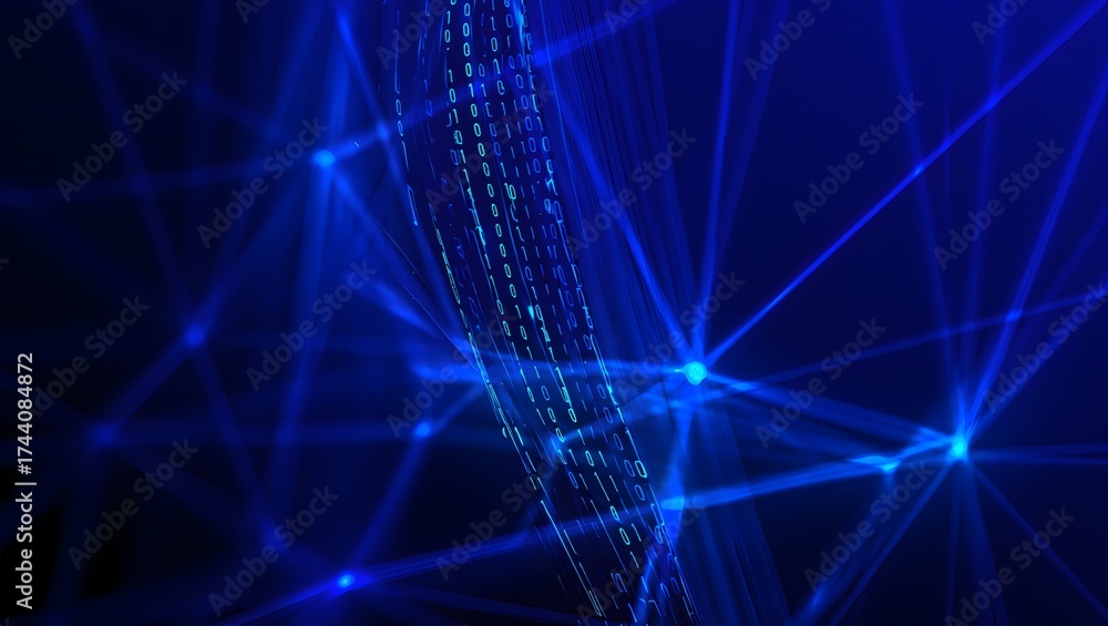 Fototapeta premium Abstract blue light network background with glowing dots and lines, creating a futuristic and technological atmosphere for digital designs