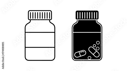 Medicine bottles vector illustration, drug capsules and white container