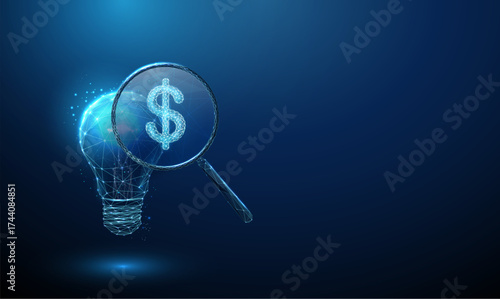 3d blue light bulb with a magnifying glass showing a dollar sign inside. Financial insight, investment strategy, economic analysis, wealth management concept.