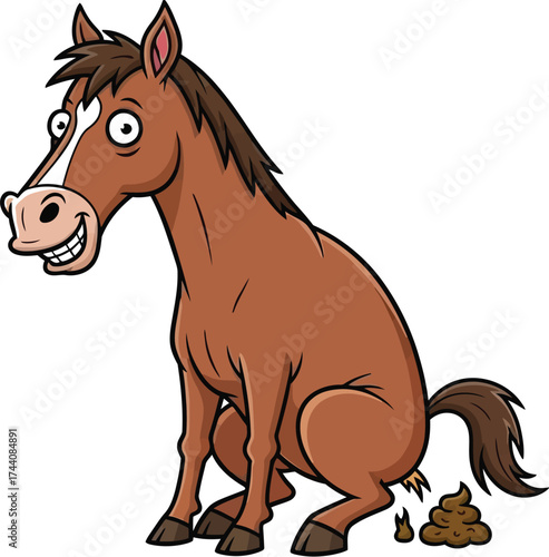 Cartoon horse defecating funny animal illustration for kids art