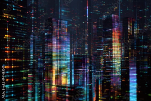 A vibrant city skyline illuminated by colorful neon lights at night, showcasing modern architecture and a lively urban atmosphere.