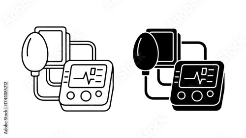 Blood Pressure Monitor Icons: Line Art and Solid Glyph Design
