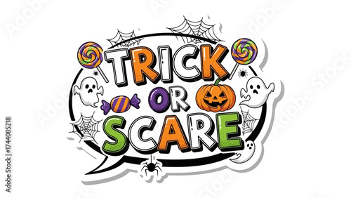 Spooky Season: Trick or Scare: Festive design of Trick or Scare word with colorful elements, evokes the spirit of Halloween fun and fright. with spooky and fun elements.