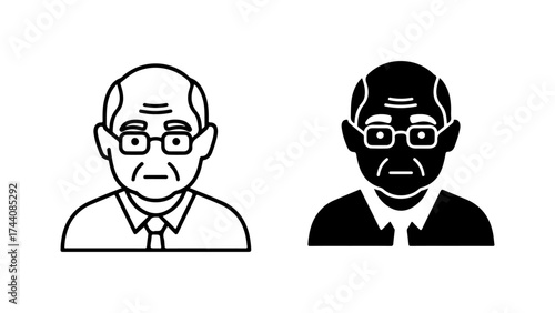 Elderly Man Icon Set Outline and Solid Black Flat Design