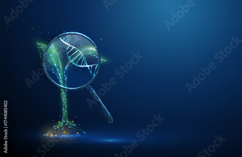 Plant under magnifying glass with DNA inside. Plant genetics, crop improvement, biotechnology research, molecular biology, trait optimization concept.