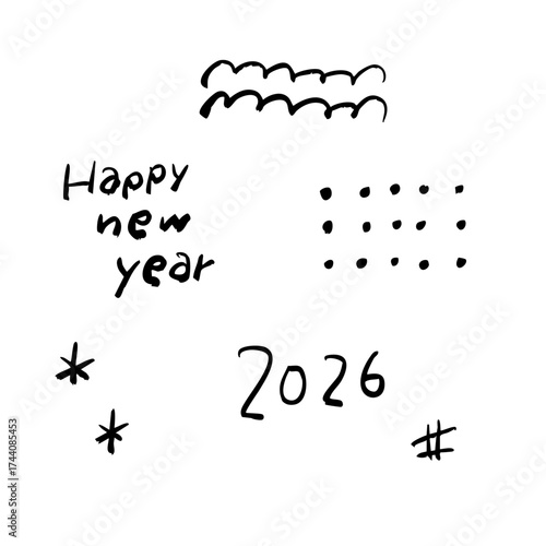 2026年ハッピーニューイヤーを手描きで表現したシンプルなモノクロ新年イラスト素材｜年賀状・カードデザイン向け