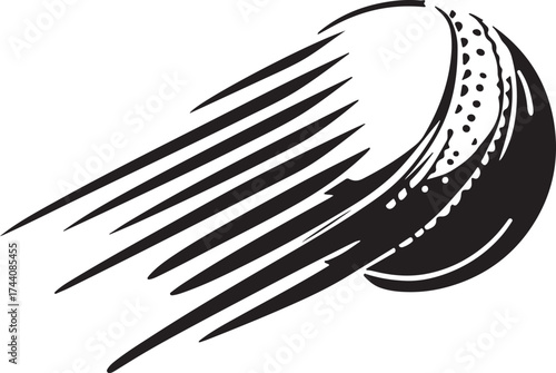 Black and White Line Art Illustration of a Cricket Ball with Textured Surface and Motion Streaks sport