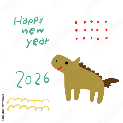 2026年干支の馬を描いた可愛い新年イラスト｜年賀状・ハッピーニューイヤーカード向けシンプルデザイン