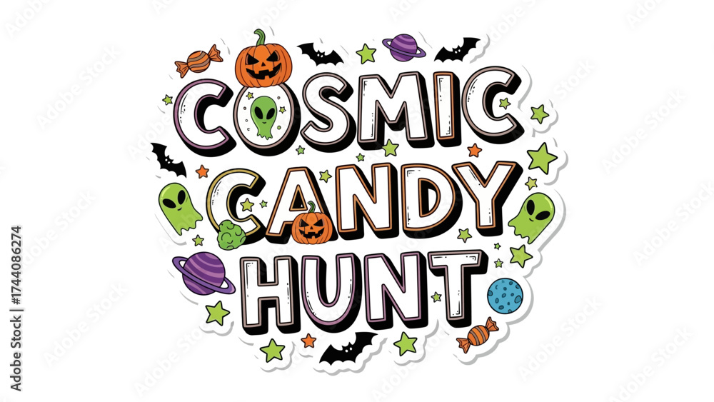 Fototapeta premium Cosmic Candy Hunt: A captivating design merges the wonder of outer space with the festive spirit of Halloween. featuring pumpkin, alien, bat and other elements in cosmic scene.