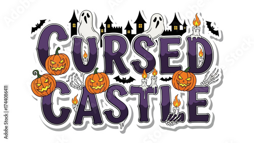 Cursed Castle: A spooky, themed illustration features jack-o'-lanterns, bats, ghosts, and a candle and castle design. A bewitching image perfect for Halloween, with a touch of mystery.