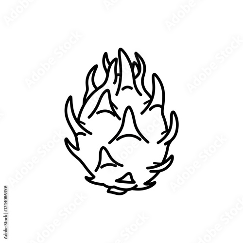 Dragon fruit stands alone, outlined in black on plain white surface, simple and minimalist, creating clean and modern vibe.