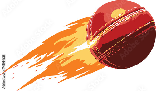 Red cricket ball with fiery orange and yellow trails on a white background sport game