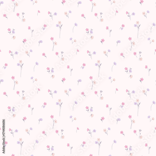 Flower pattern. Ditsy floral seamless pattern. Small little flower on light background. Repeat pattern. Ditsy print. Botanic surface design. Ditsy floral flower pattern for fashion, fabric