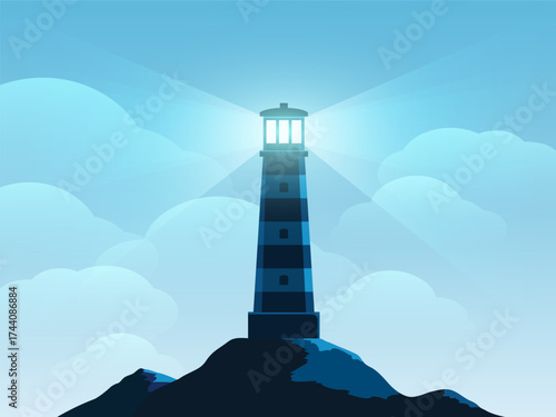 Glowing lighthouse building on a rock. Vector illustration.
