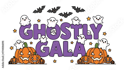Ghostly Gala: A vibrant invitation featuring whimsical ghosts, pumpkins, and bats sets the stage for a spirited Halloween celebration.
