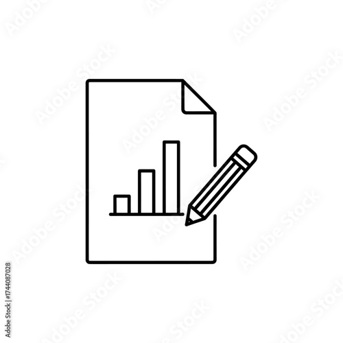 Document showing bar graph being edited with pencil on white background, representing data analysis and report creation in a minimalist style.