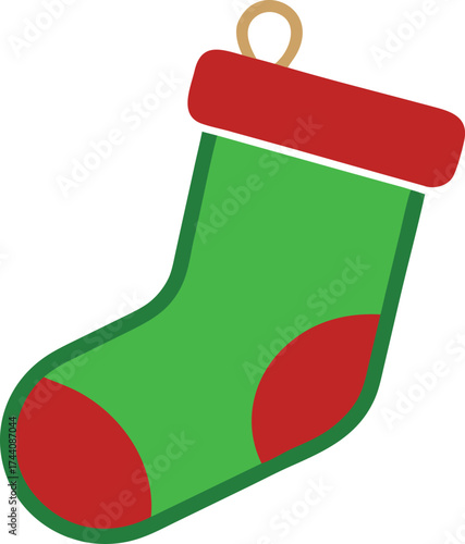 Green christmas stocking with red trim and heel hanging on a hook