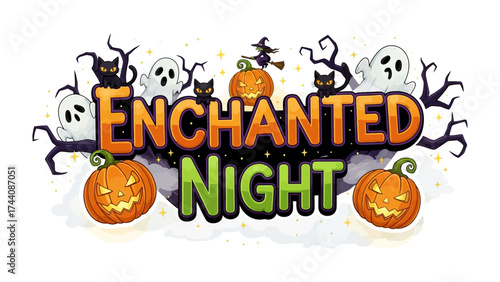 Enchanted Night's Festivity: An enchanting depiction of Halloween spirit, featuring an illuminated title adorned with whimsical jack-o'-lanterns, spectral apparitions.