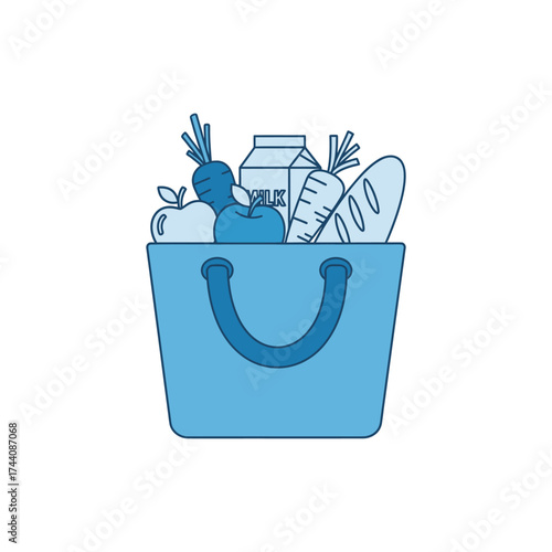 Blue shopping bag filled with fresh produce and dairy products sits on a white surface, representing healthy eating and grocery shopping, with a clean and minimalist feel.