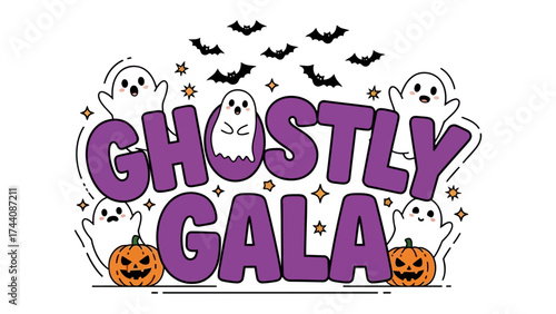 Ghostly Gala Invitation: An inviting emblem for a Halloween soiree, where spooky ghosts, jack-o'-lanterns, and fluttering bats set the scene for a night of spectral celebration.