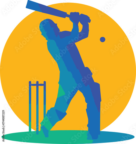 Silhouette of a cricket batsman hitting a ball with a yellow circle background sport game