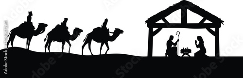 Silhouette of the nativity scene with three wise men and the holy family