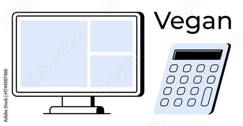 Computer monitor displaying grid layout beside a calculator and the word vegan in bold. Ideal for technology, veganism, ethical lifestyle, education, accounting, modern tools, awareness. Simple flat
