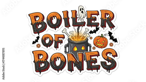 Boiler of Bones Halloween Design: Spooky artwork with a black cauldron, bones, ghost, and carved pumpkin celebrating the scary season. 