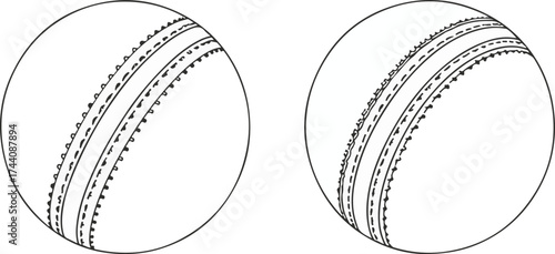 Two detailed line art illustrations of cricket balls showing seams and texture on a white background