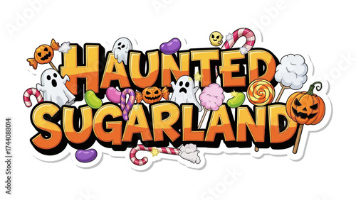 Haunted Sugarland: Spooky candies, ghosts, and playful pumpkins come together in a whimsical display of Halloween joy.