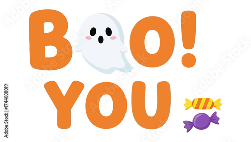 Halloween Ghostly Greeting: A playful ghostly figure alongside playful greeting letters and two colorful candies create a delightful Halloween vibe.