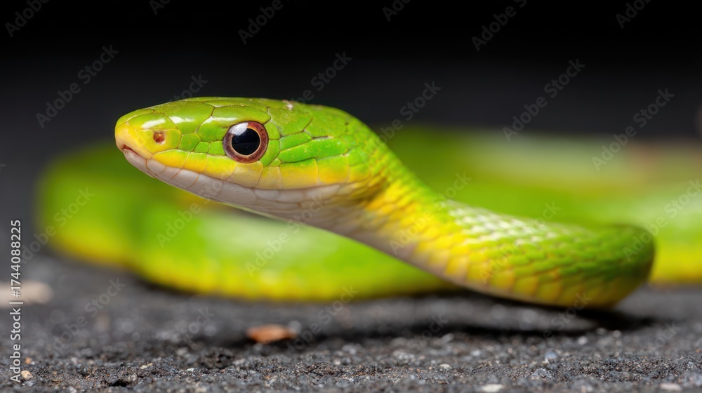 Fototapeta premium Vibrant green snake close up portrait against a dark background
