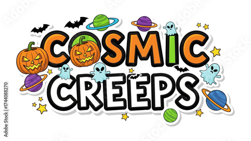 Cosmic Creeps Illustration: A playful and whimsical illustration showcases the fusion of Halloween with cosmic elements, featuring pumpkin, stars, ghost, bat.