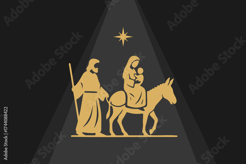 Silhouette of mary and joseph on a donkey isolated on white background