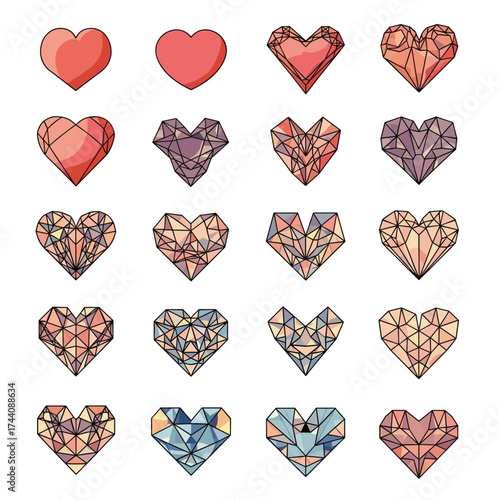 A collection of various heart shapes rendered in a geometric origami style.