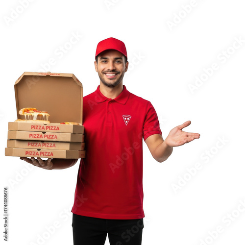 Friendly delivery person holding multiple pizzas excitedly presenting food order transparent background