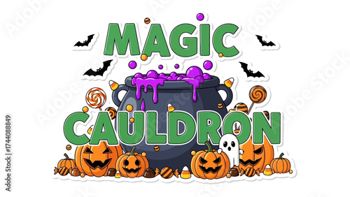 Magic Cauldron and Halloween Theme: The image showcases a bewitching scene with a magic cauldron, glowing pumpkins, spectral ghosts and bats creating a magical Halloween atmosphere.