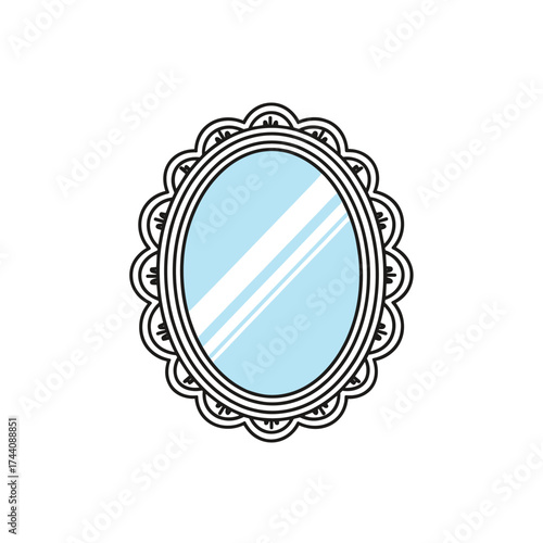 An oval decorative mirror with an ornate frame sits on a white surface reflecting the sky.