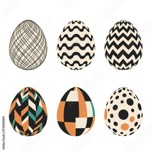 A collection of six decorative easter eggs featuring unique patterned designs and vibrant color schemes.