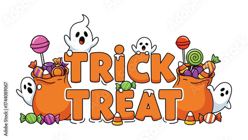 Spooky Halloween: A vibrant graphic that captures the playful spirit of Halloween, featuring Trick or Treat text with adorable ghosts and colorful candy elements.