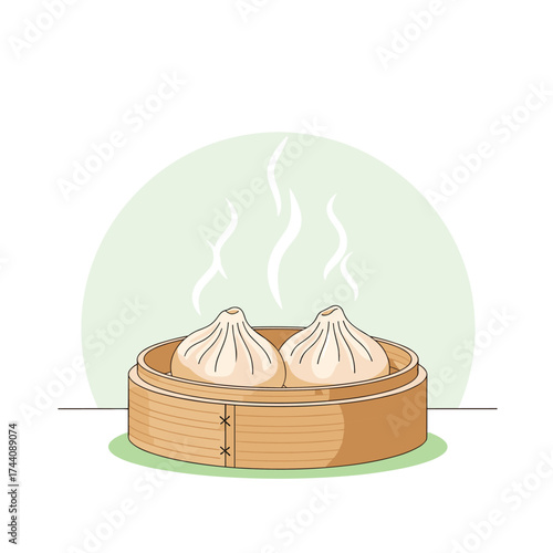 Steaming hot dumplings in a traditional bamboo basket.