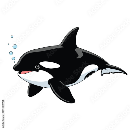 An adorable cartoon orca whale swimming with bubbles.