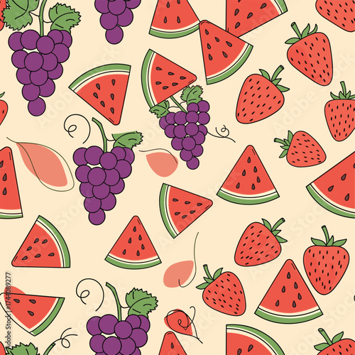 A sweet summer pattern featuring fresh fruits like grapes and watermelon slices