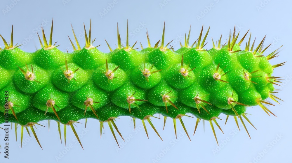 Fototapeta premium Macro detail of a green segmented plant with sharp spiky protrusions against blue