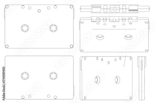 Set of cassette tape contour drawings arranged in a neat row, each with a unique shape and size.
